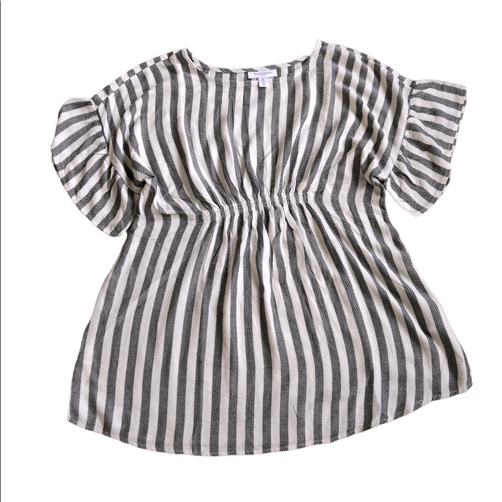 Motherhood Stripped Knit Top with Ruffled Sleeve and Elastic Cinched Waist